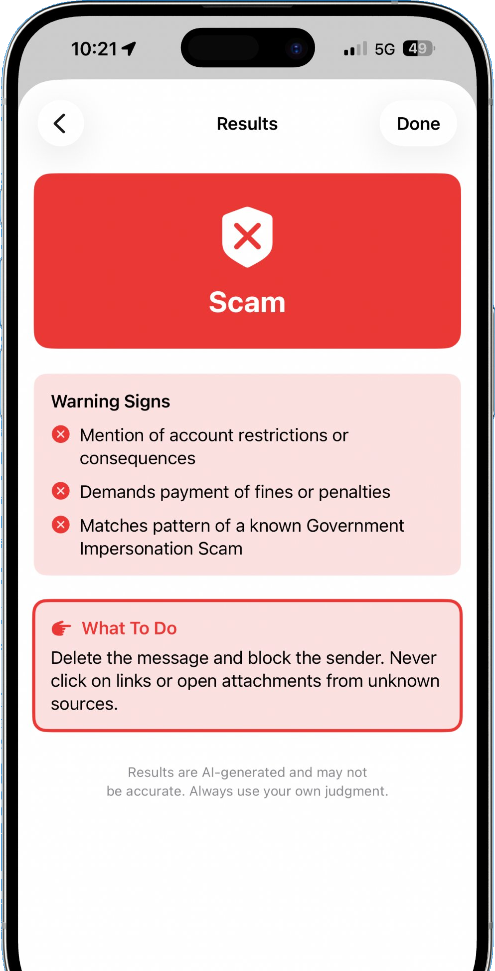 Scam verdict screen with red warnings