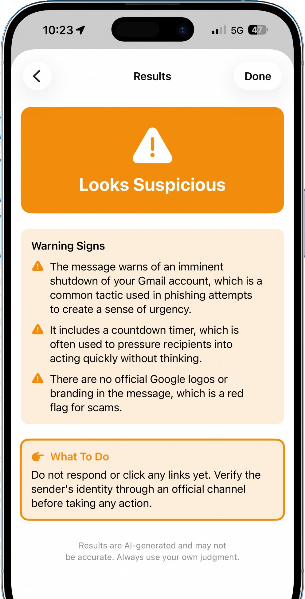 Looks Suspicious verdict screen with warning signs
