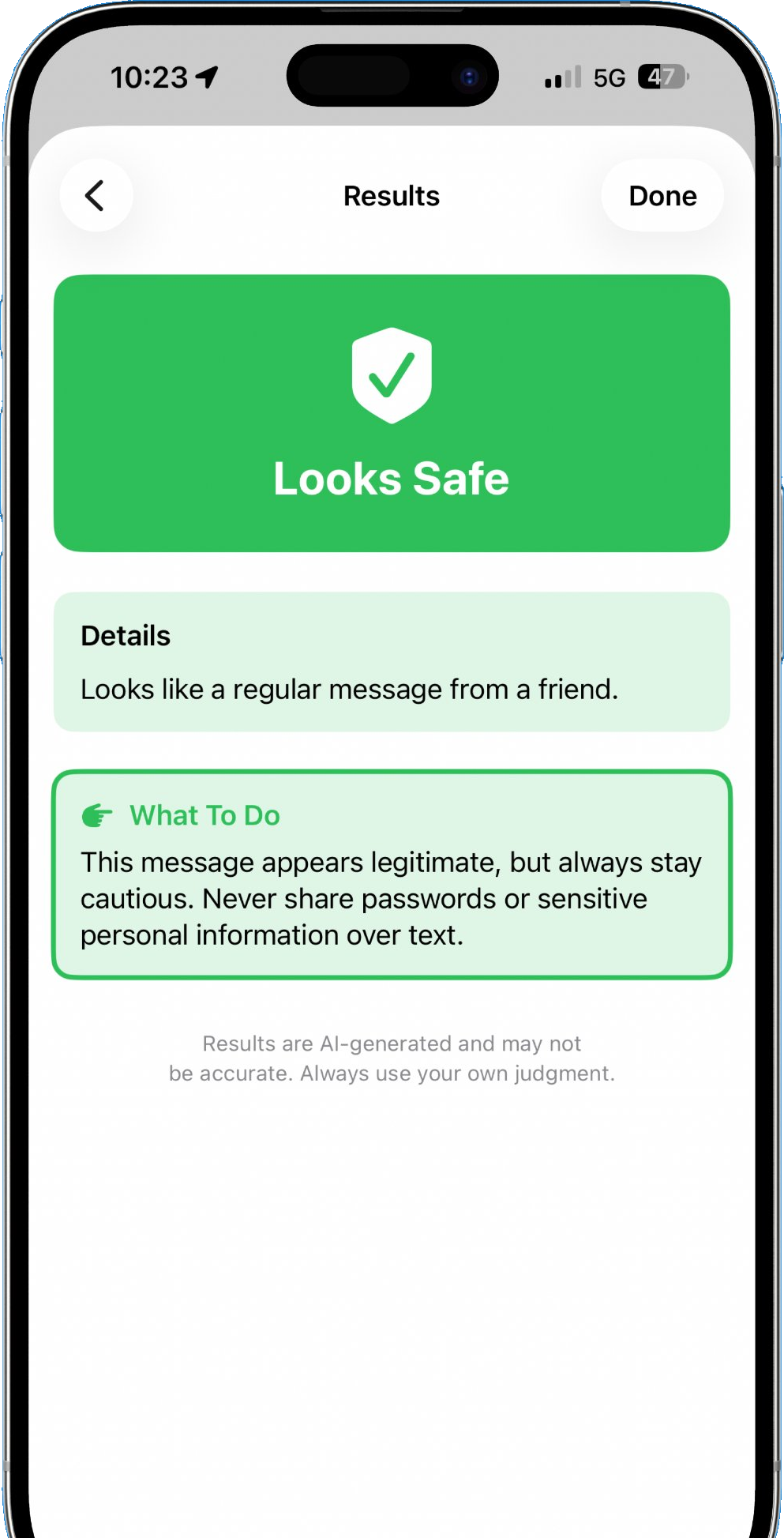 Looks Safe verdict screen