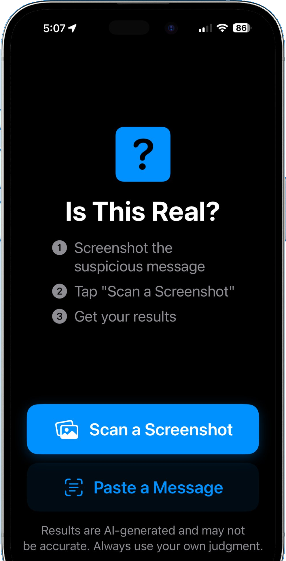 Is This Real? in dark mode with larger text